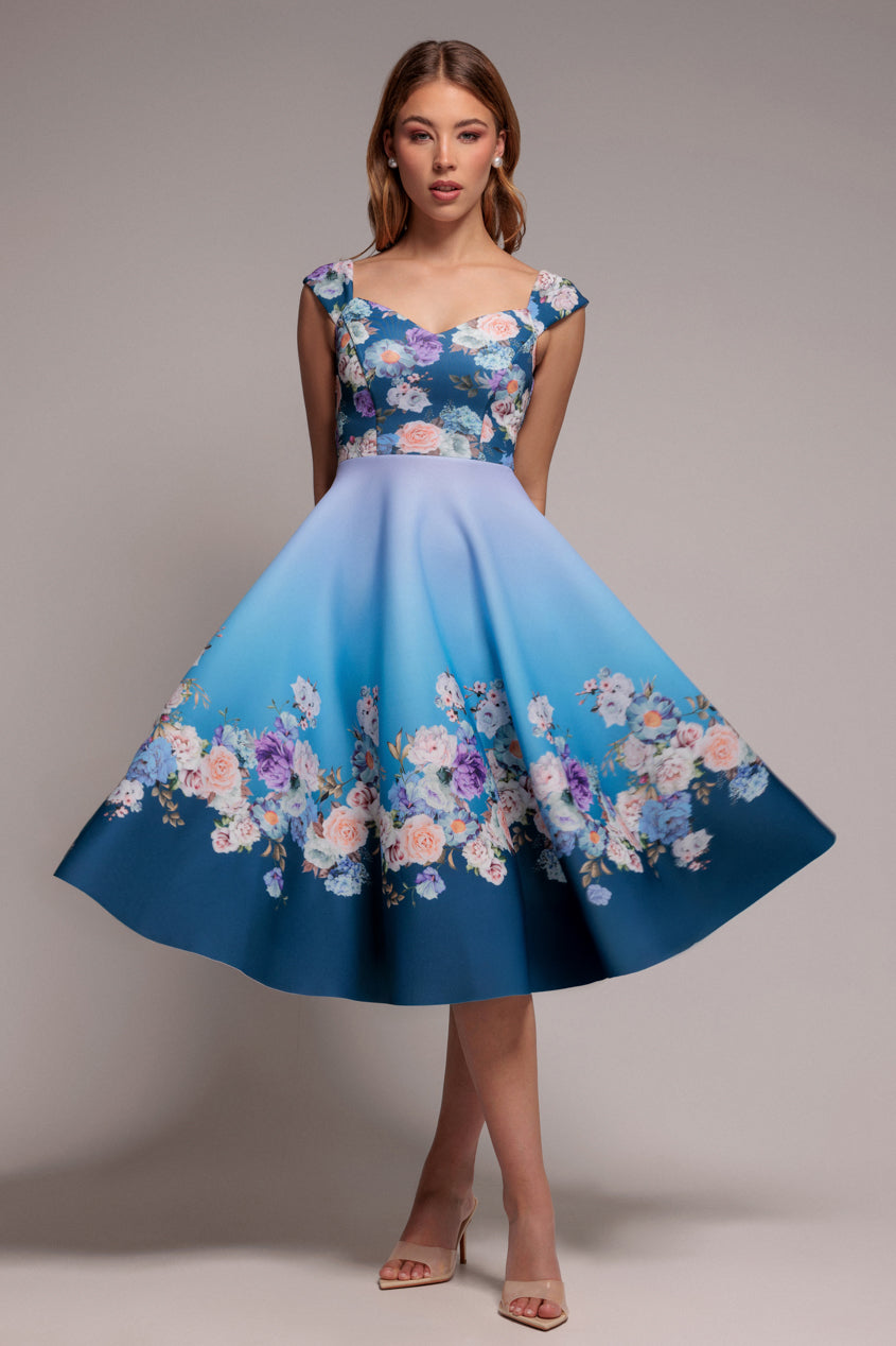 Floral Printed Scuba Foam Skater Dress - Blue | Goddiva Floral Printed Scuba Foam Skater Dress - Blue | Goddiva