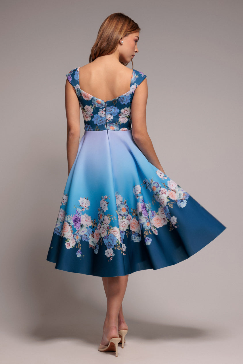 Floral Printed Scuba Foam Skater Dress - Blue DR4269