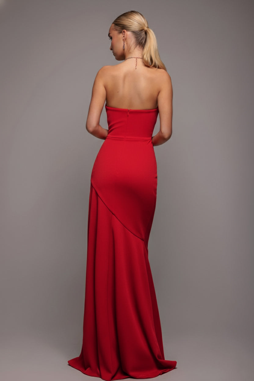Scuba Crepe Bandeau Maxi With Diamante Necklace - Red DR4271