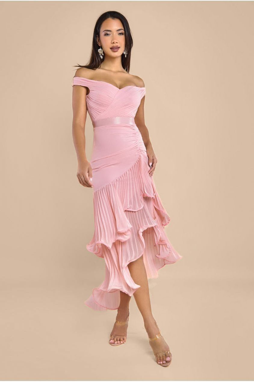 Pleated Bardot High Low Tier Chiffon Midaxi Dress - Blush Pink DR4272