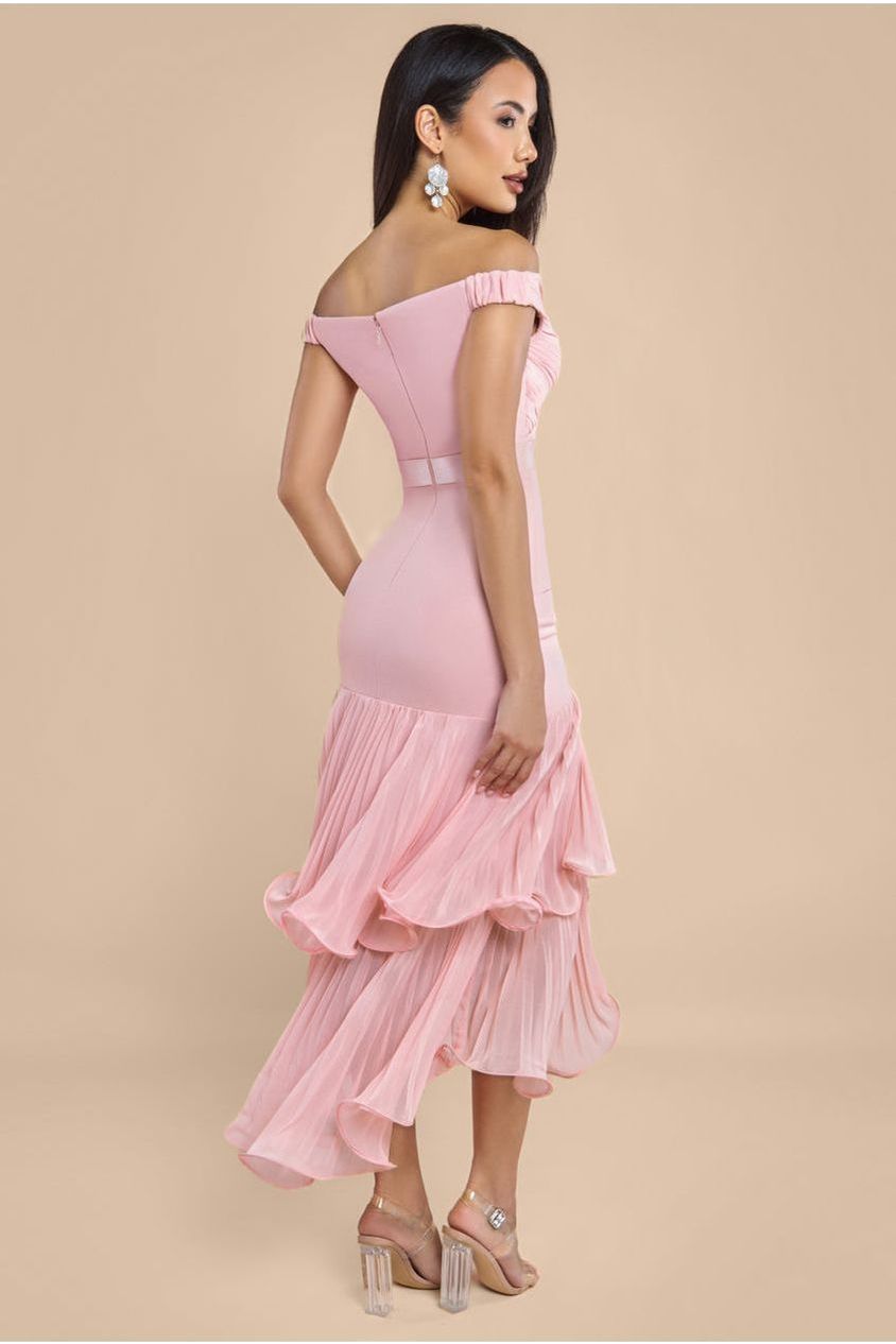 Pleated Bardot High Low Tier Chiffon Midaxi Dress - Blush Pink DR4272