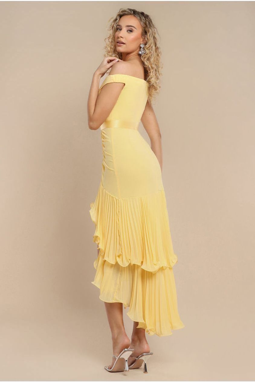 Pleated Bardot High Low Tier Chiffon Midaxi Dress - Lemon DR4272