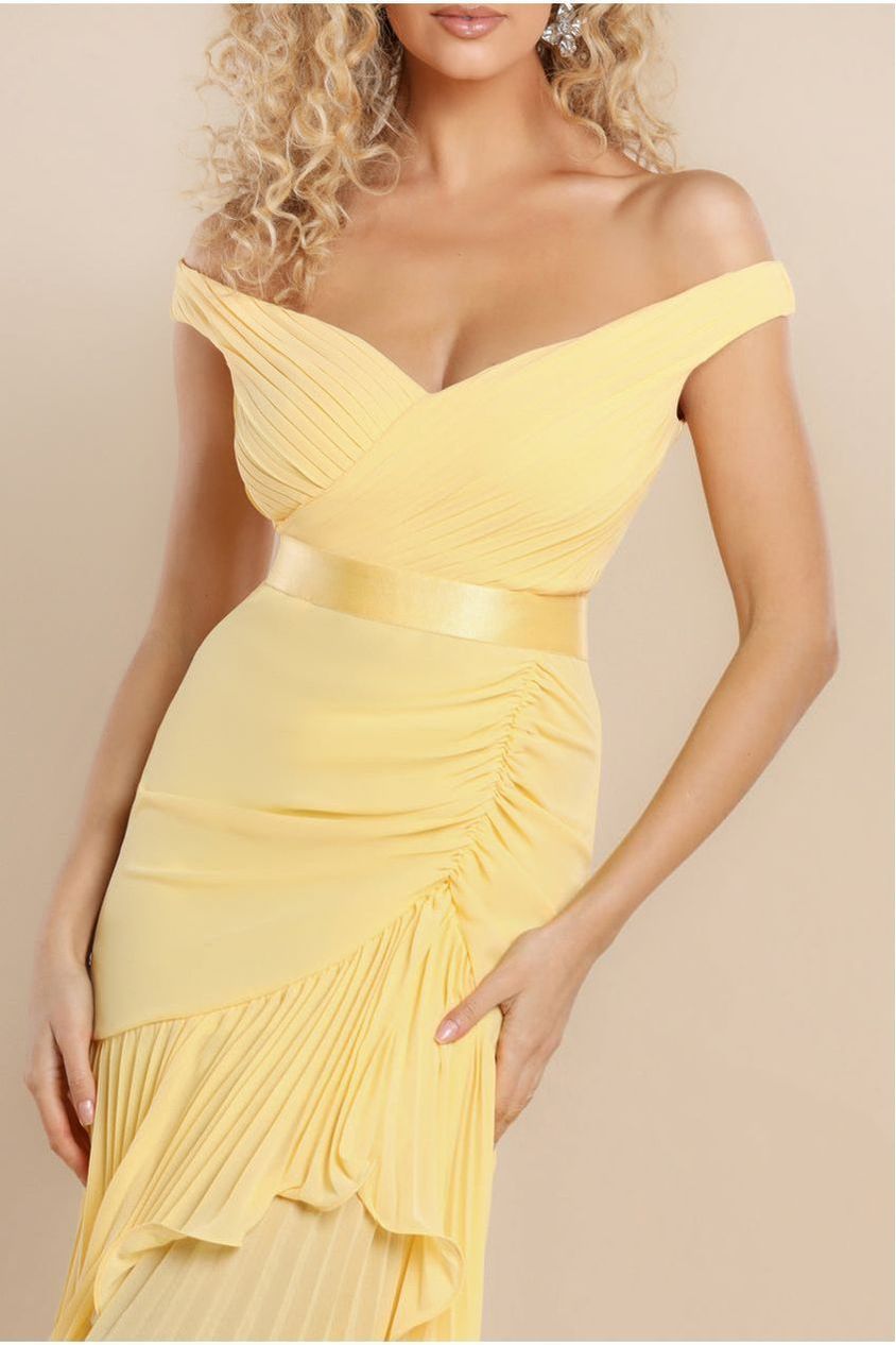Pleated Bardot High Low Tier Chiffon Midaxi Dress - Lemon DR4272