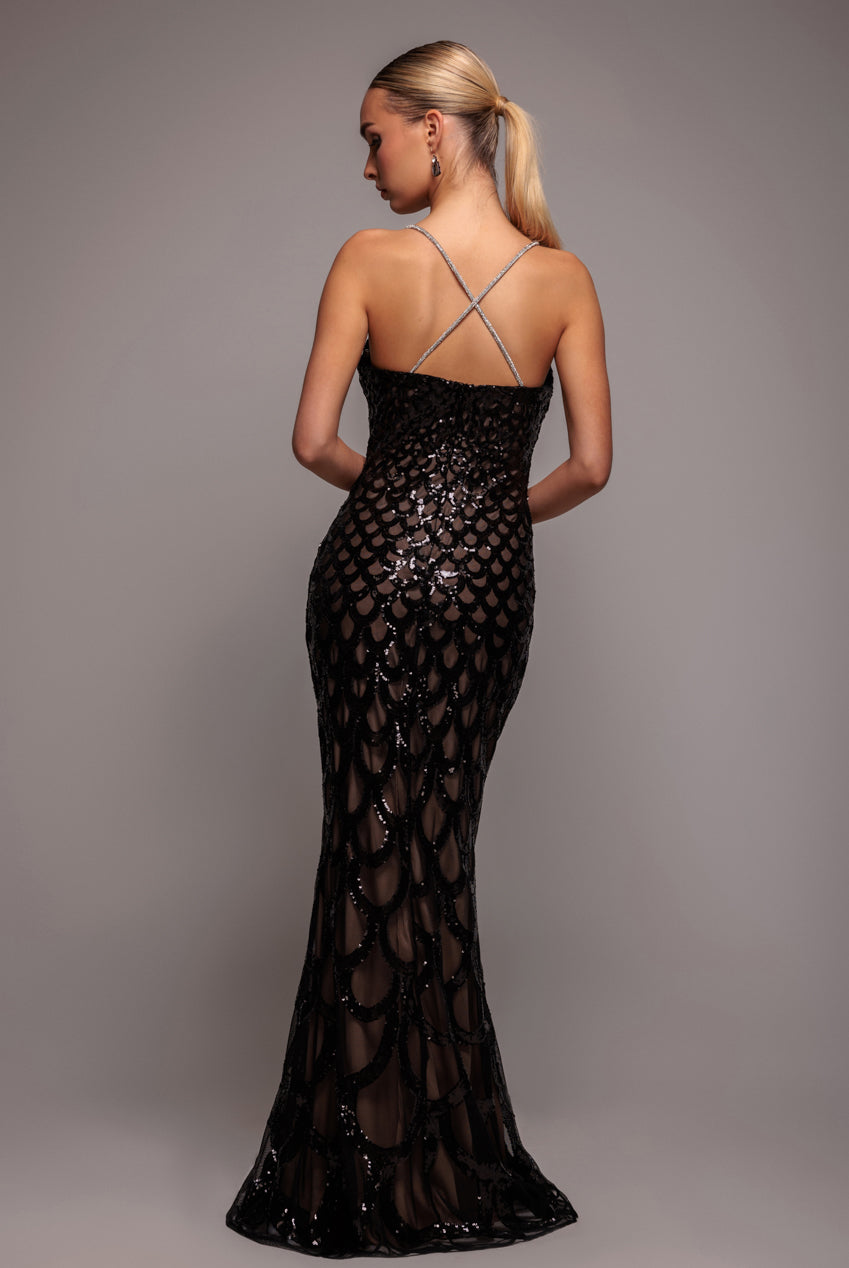 Diamante Strap Fish Scale Sequin Maxi Dress - Black DR4276