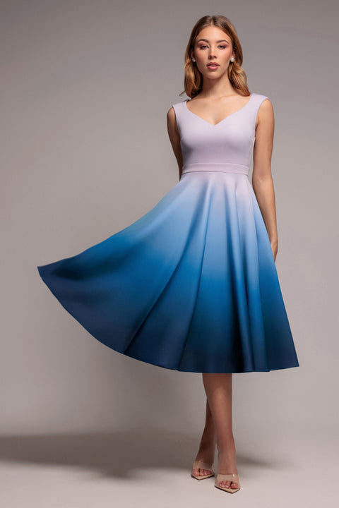 Ombre Scuba Foam Bardot A-Line Midi Dress - Light Blue by Goddiva
