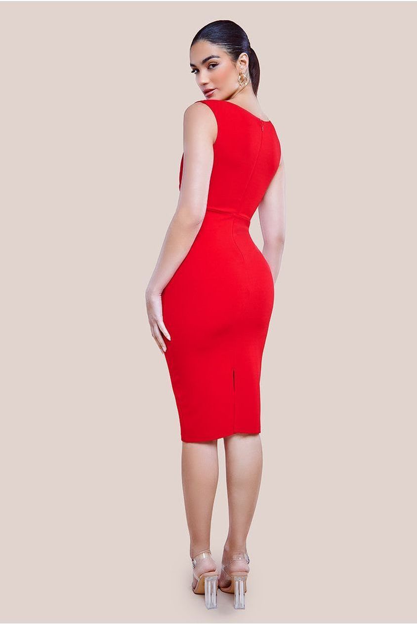 Scuba Crepe Asymmetric Neck Midi Dress - Red DR4284