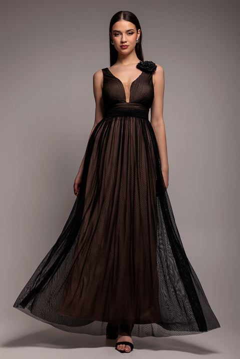 Sleeveless Pleated Dobby Mesh Corsage Maxi Dress - Black by Goddiva