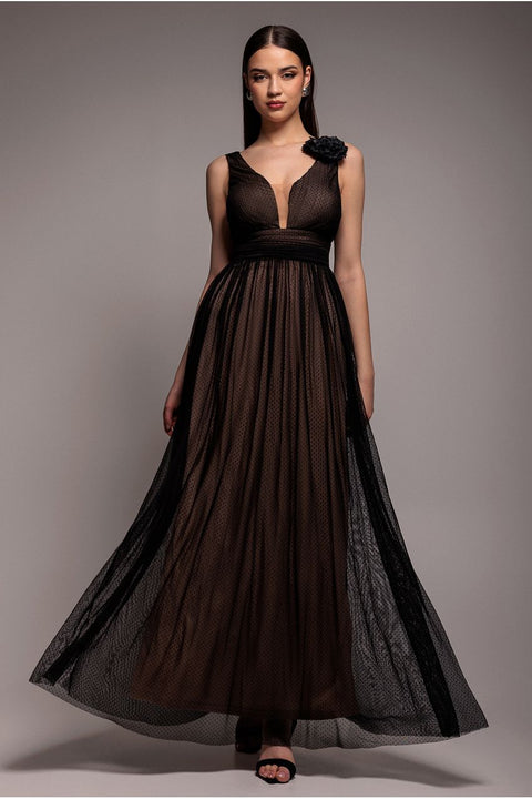 Sleeveless Pleated Dobby Mesh Corsage Maxi Dress - Black by Goddiva
