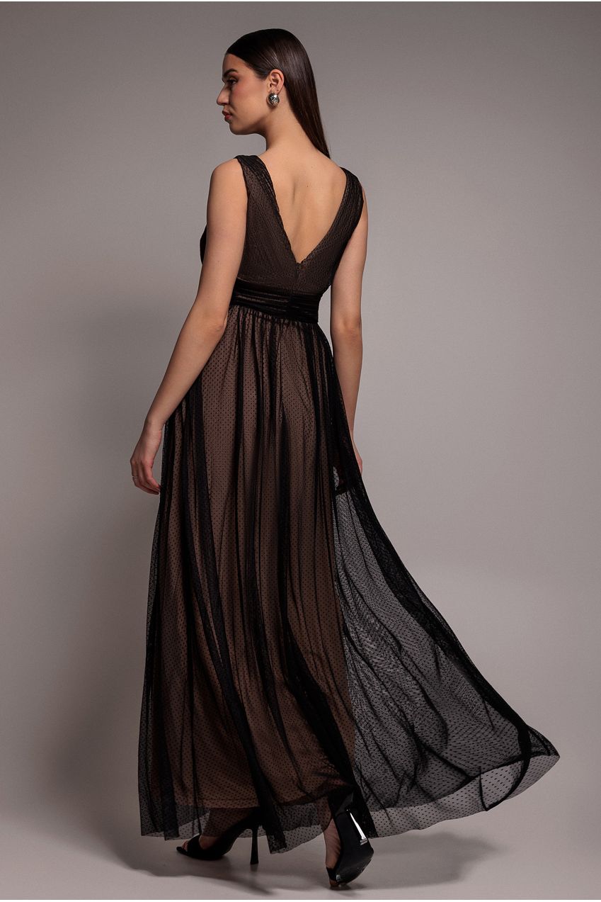 Sleeveless Pleated Dobby Mesh Corsage Maxi Dress - Black DR4294