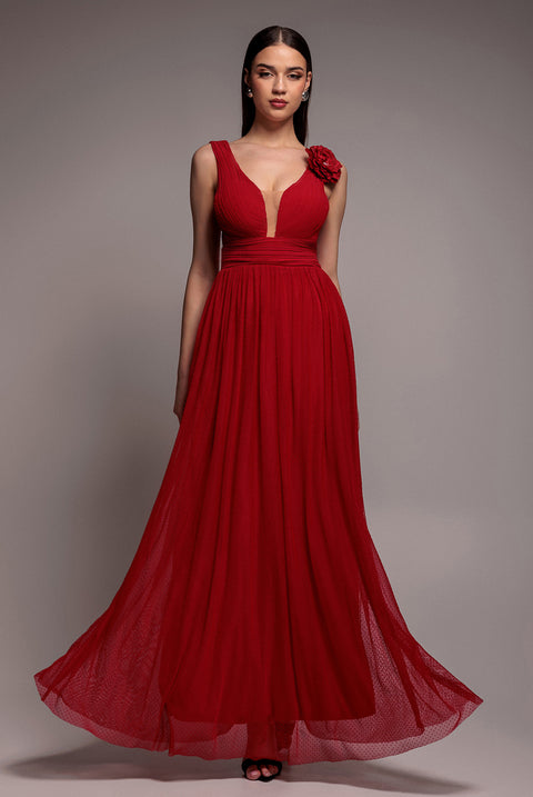 Sleeveless Pleated Dobby Mesh Corsage Maxi Dress - Red by Goddiva