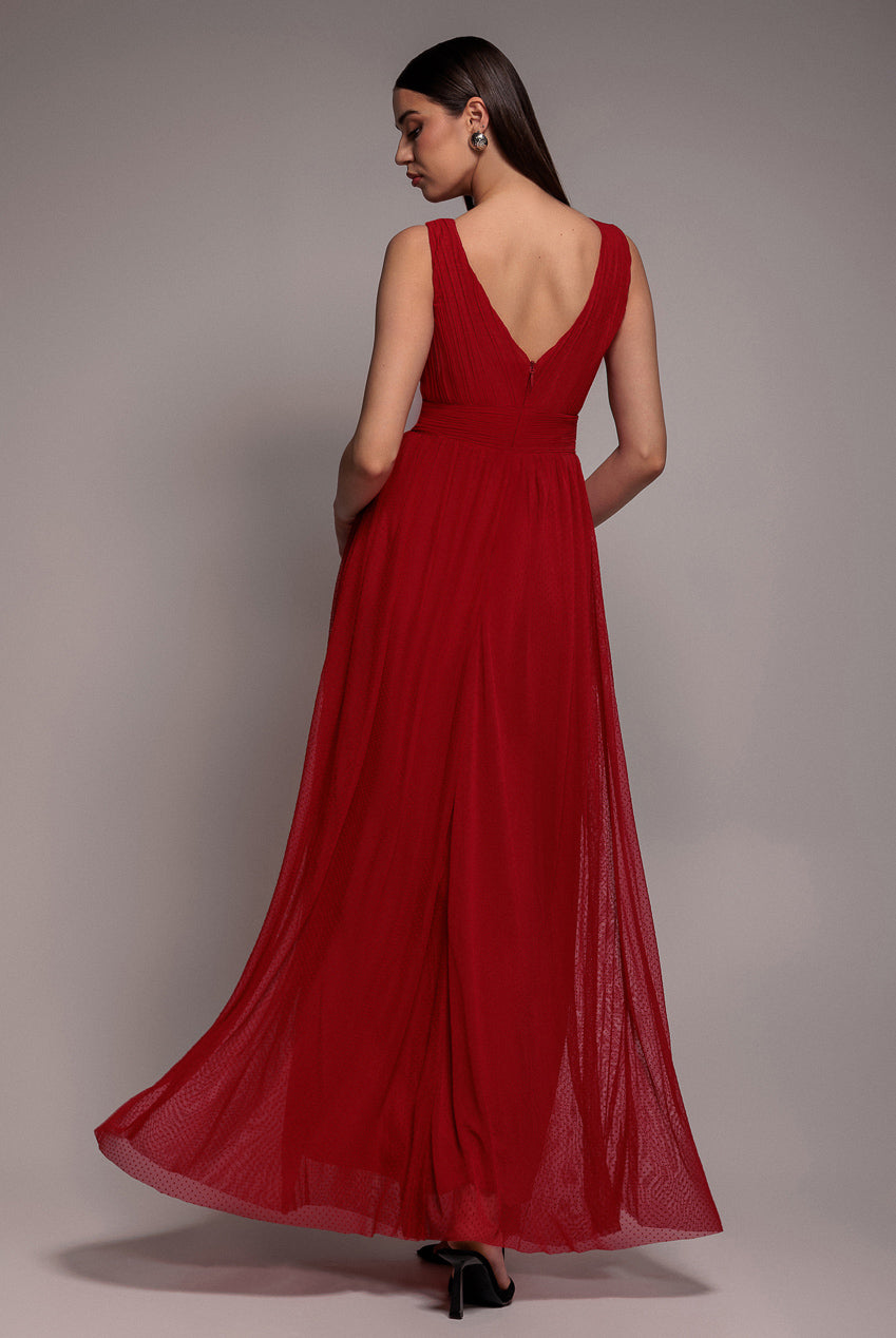 Sleeveless Pleated Dobby Mesh Corsage Maxi Dress - Red DR4294