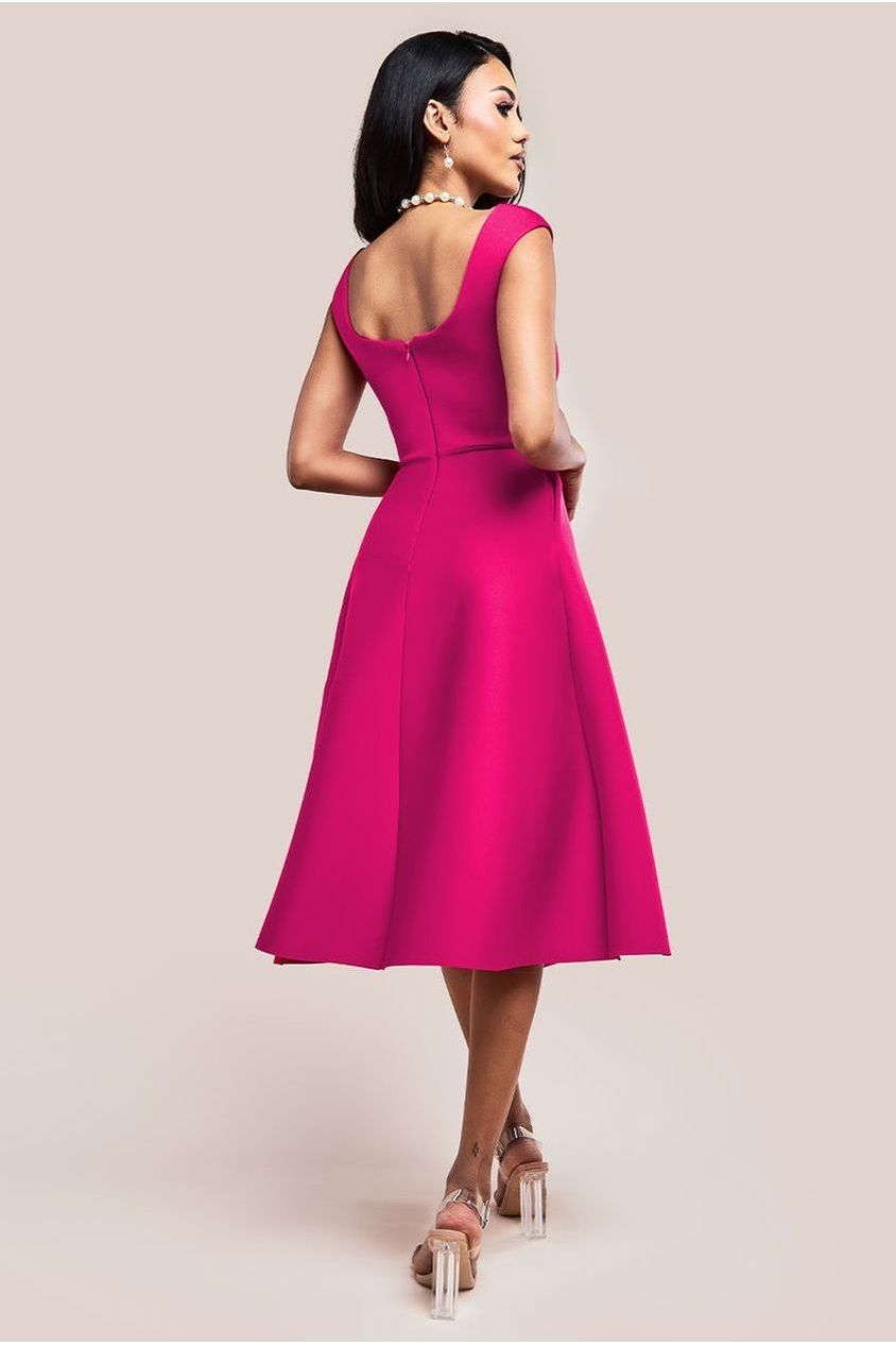 Asymmetric Flared Hem Midi Dress - Magenta DR4295