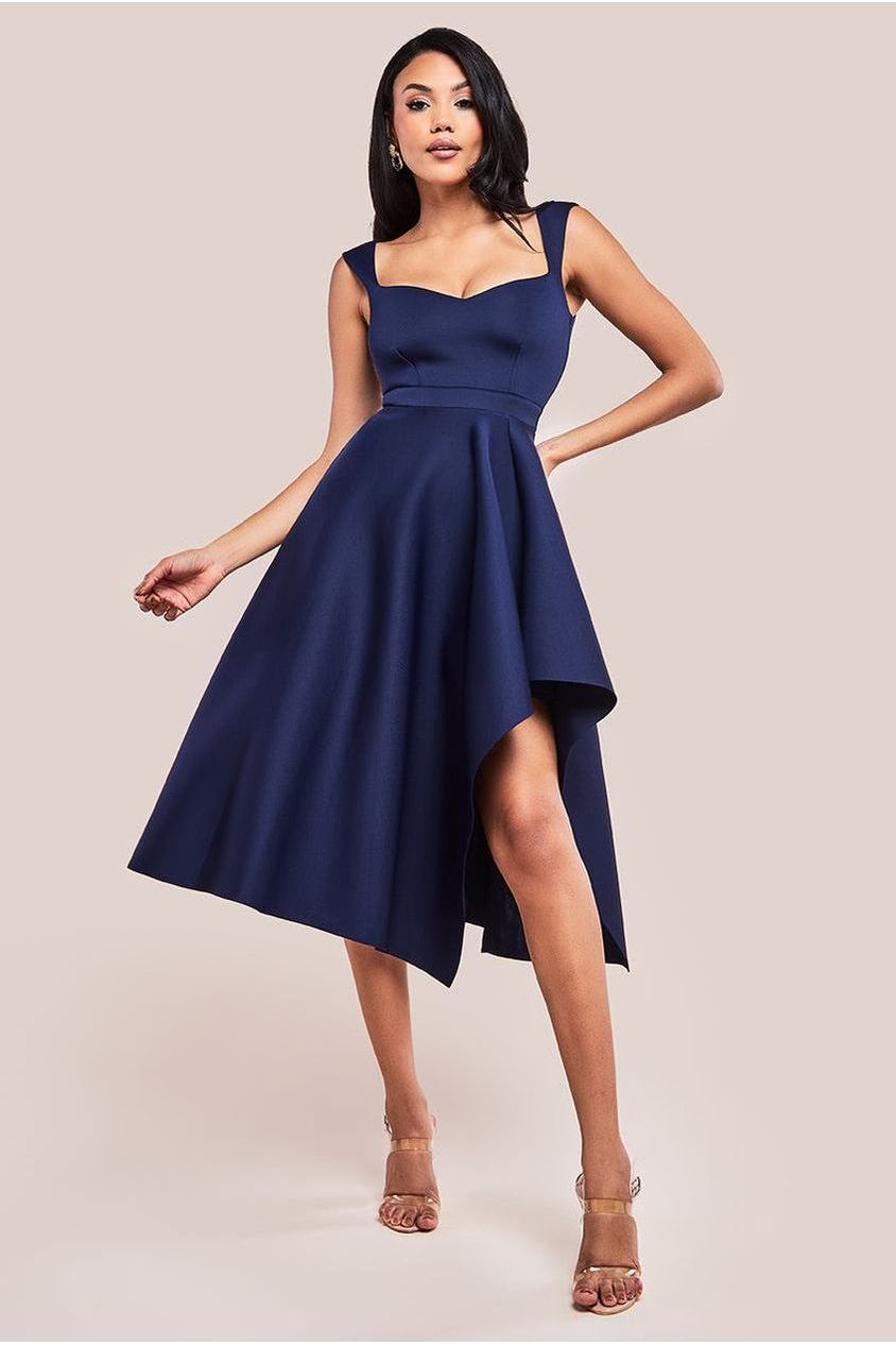 Asymmetric Flared Hem Midi Dress - Navy DR4295