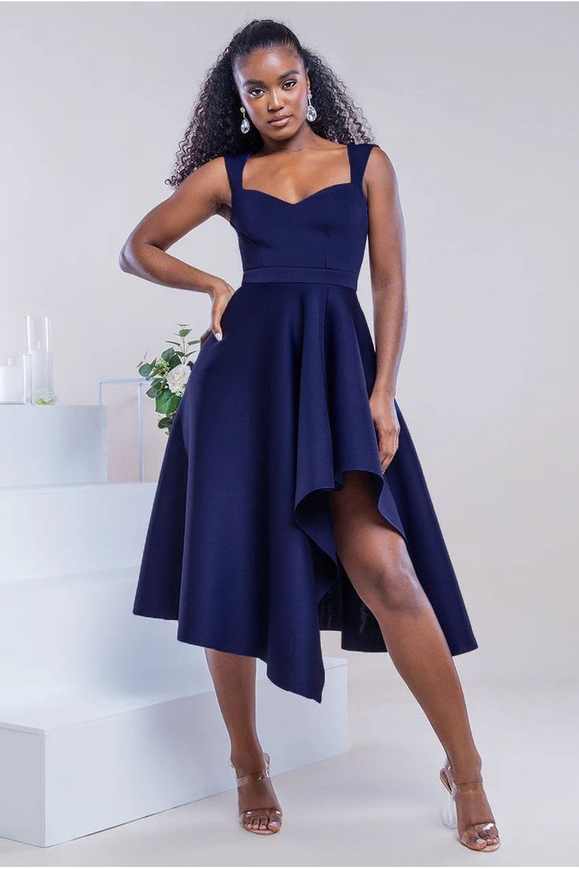 Asymmetric Flared Hem Midi Dress - Navy DR4295