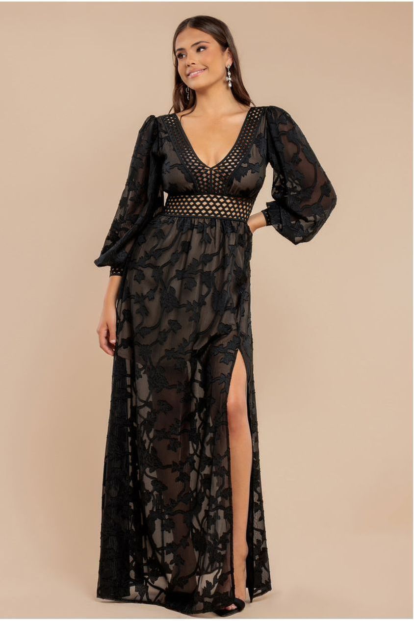 Jacquard Lurex Burnout Front Split Maxi Dress - Black DR4298