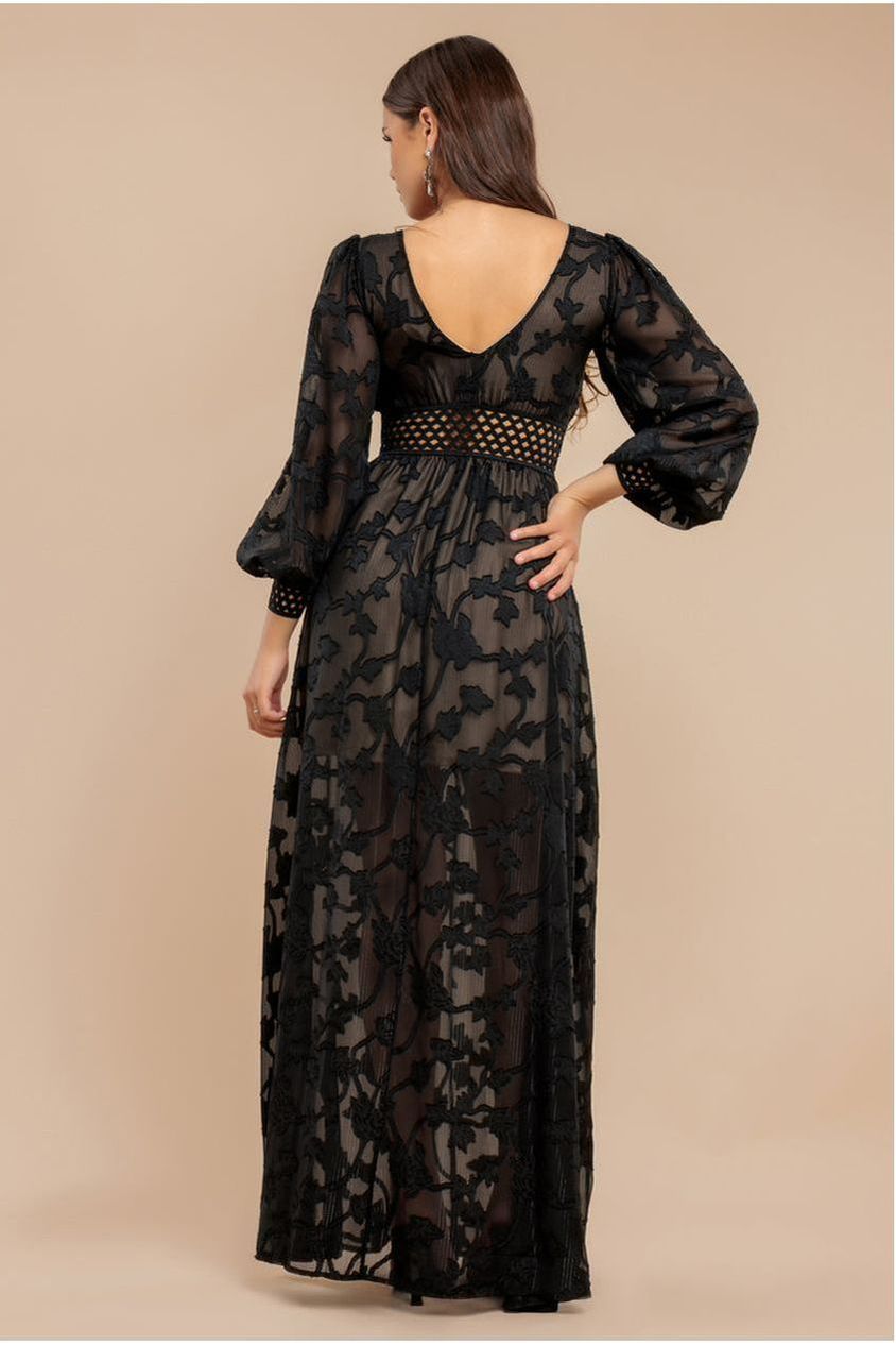Jacquard Lurex Burnout Front Split Maxi Dress - Black DR4298