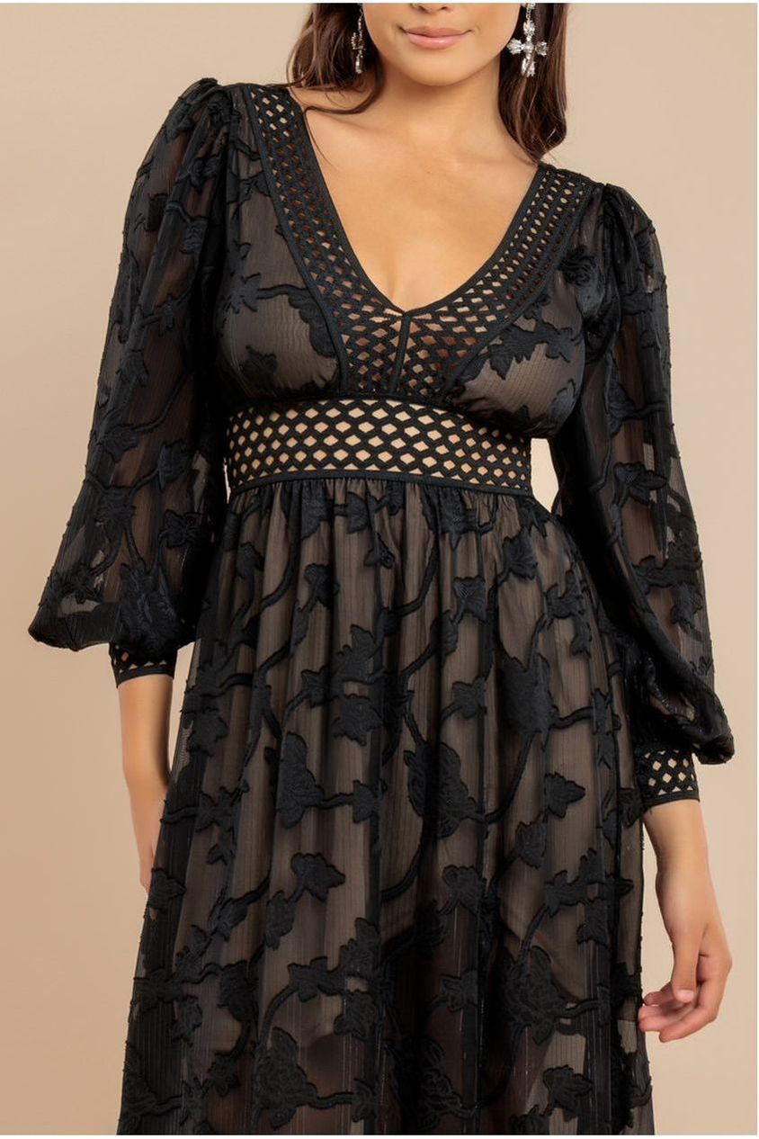 Jacquard Lurex Burnout Front Split Maxi Dress - Black DR4298