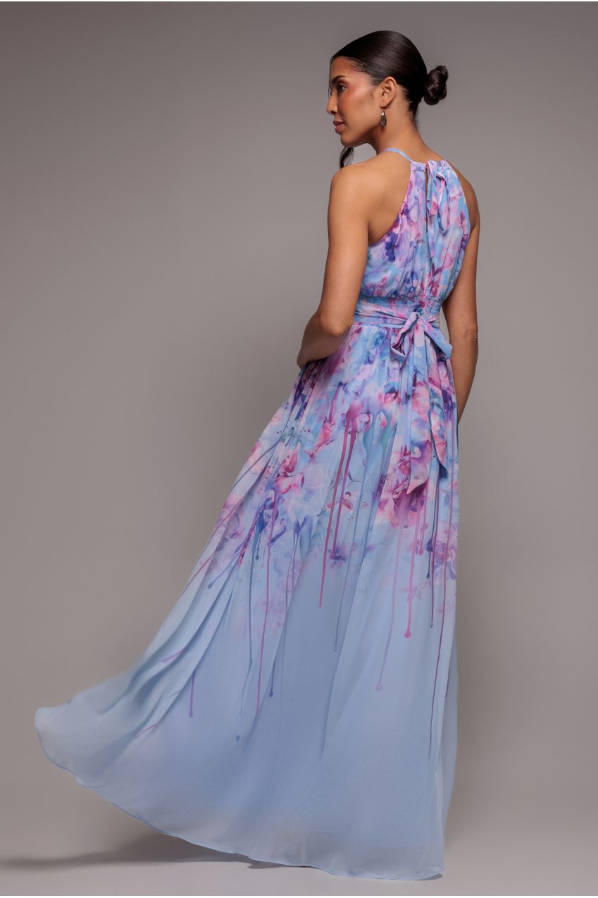 Floral Printed Chiffon Halter Maxi Dress - Blue DR4299