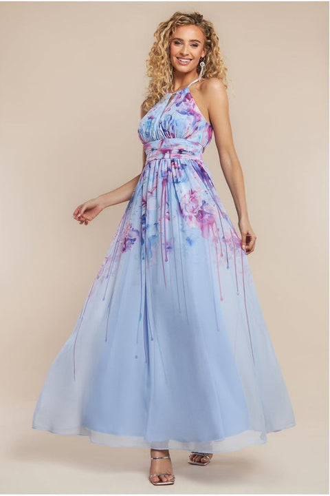 Floral Printed Chiffon Halter Maxi Dress - Blue by Goddiva