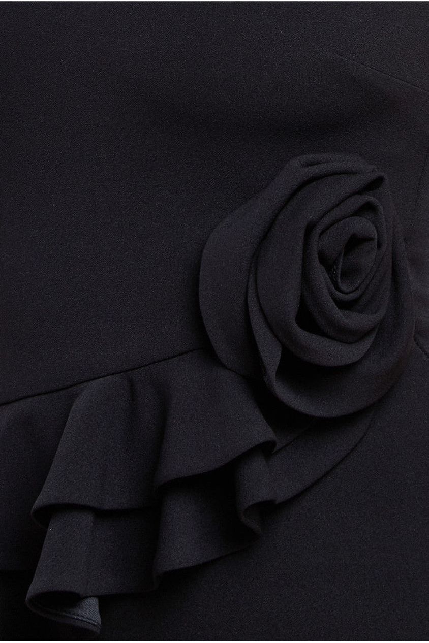 Scuba Crepe Rose Frill Midi Dress - Black DR4300