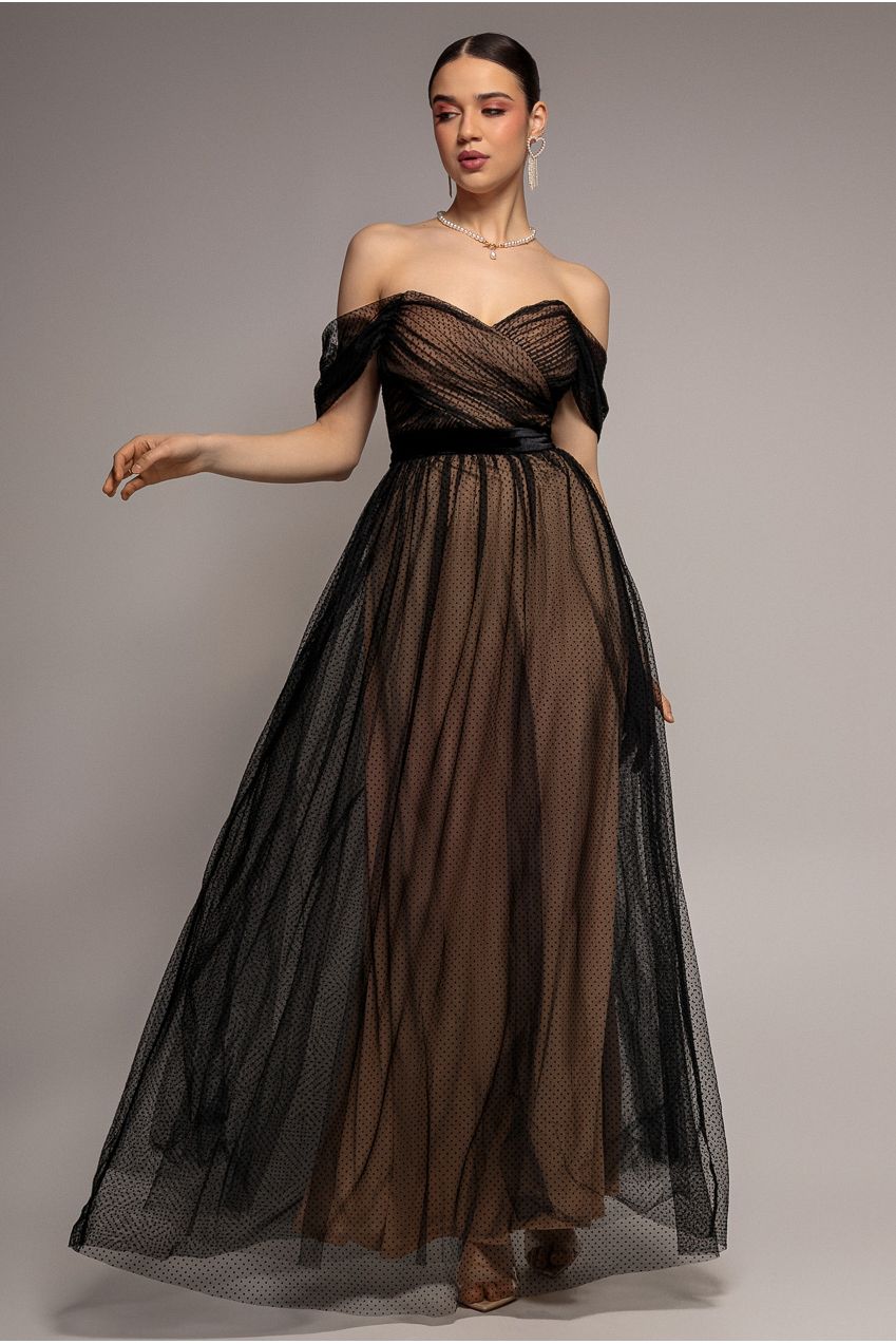 Dobby Mesh Off The Shoulder Princess Maxi Dress - Black DR4308