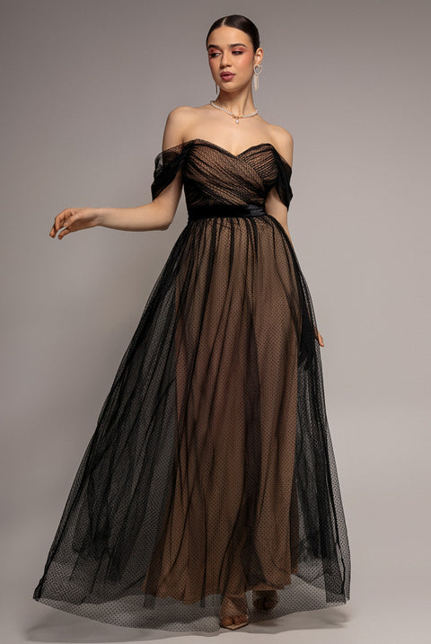 Dobby Mesh Off The Shoulder Princess Maxi Dress - Black by Goddiva