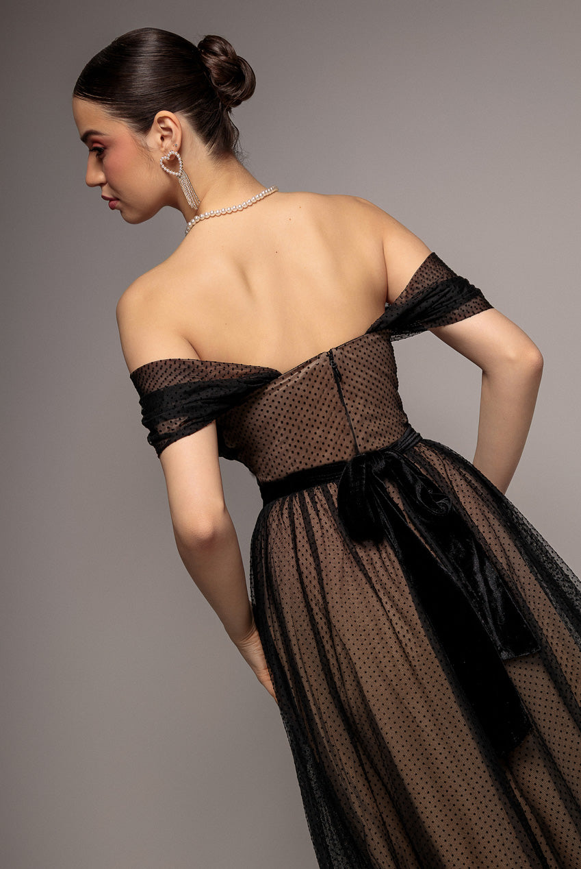 Dobby Mesh Off The Shoulder Princess Maxi Dress - Black DR4308