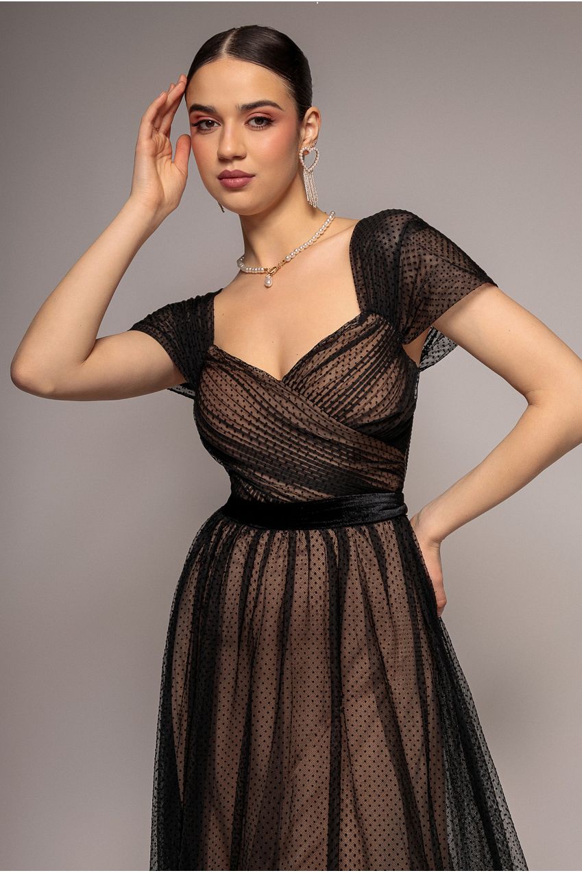 Dobby Mesh Off The Shoulder Princess Maxi Dress - Black DR4308