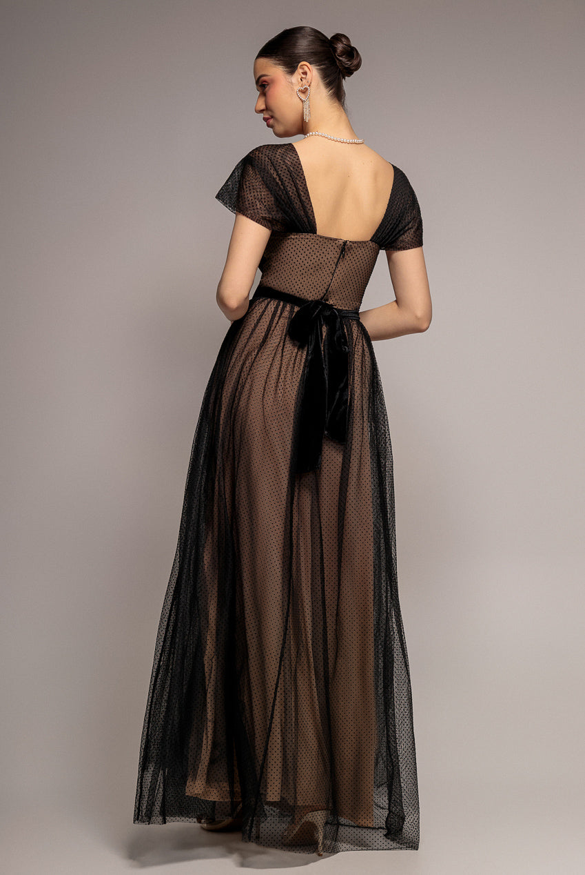 Dobby Mesh Off The Shoulder Princess Maxi Dress - Black DR4308