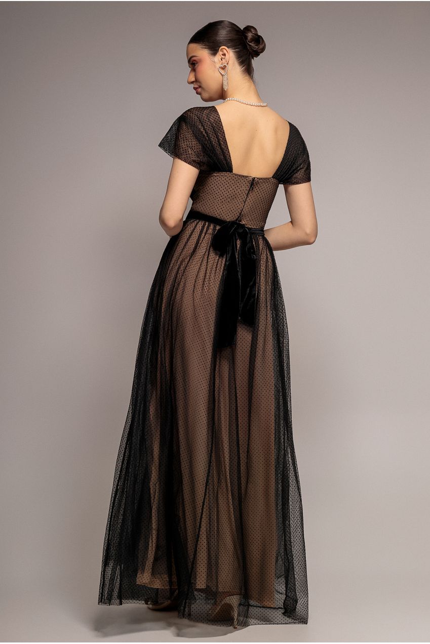 Dobby Mesh Off The Shoulder Princess Maxi Dress - Black DR4308