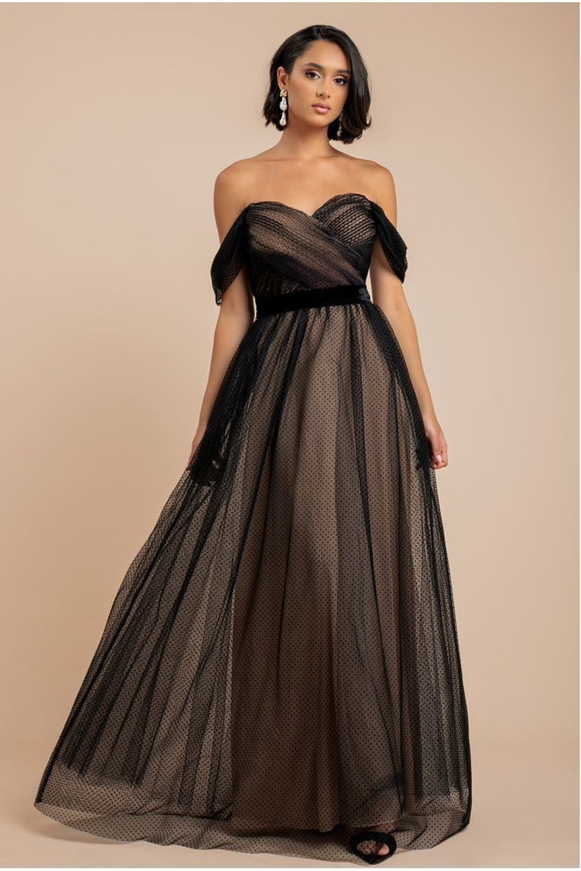 Dobby Mesh Off The Shoulder Princess Maxi Dress - Black DR4308