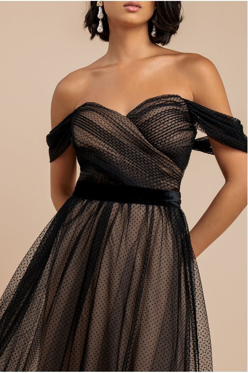 Dobby Mesh Off The Shoulder Princess Maxi Dress - Black DR4308