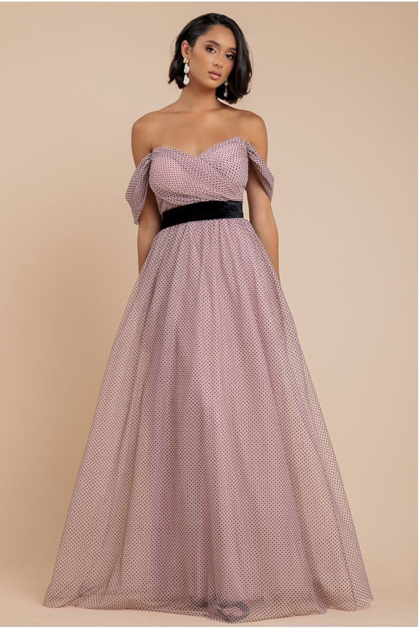 Dobby Mesh Off The Shoulder Princess Maxi Dress - Blush DR4308
