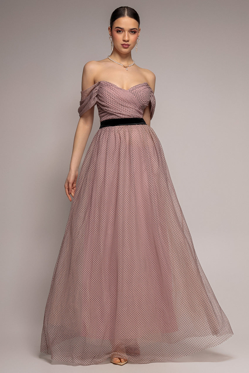Dobby Mesh Off The Shoulder Princess Maxi Dress - Blush DR4308