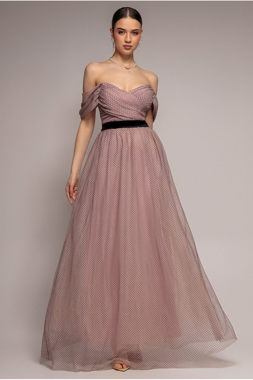 Dobby Mesh Off The Shoulder Princess Maxi Dress - Blush DR4308