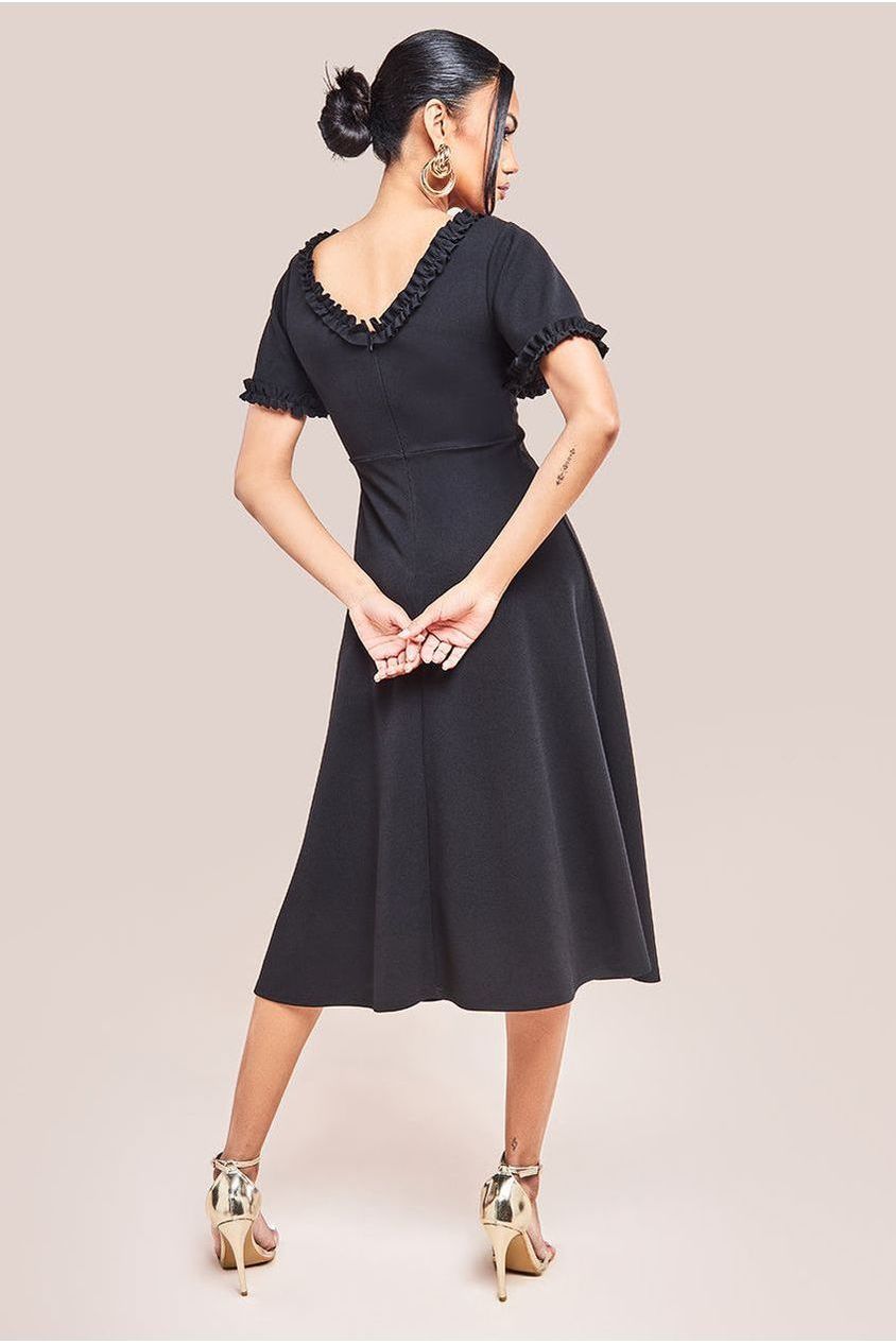 Flare Sleeve Frill Edge Midi Dress - Black DR4313