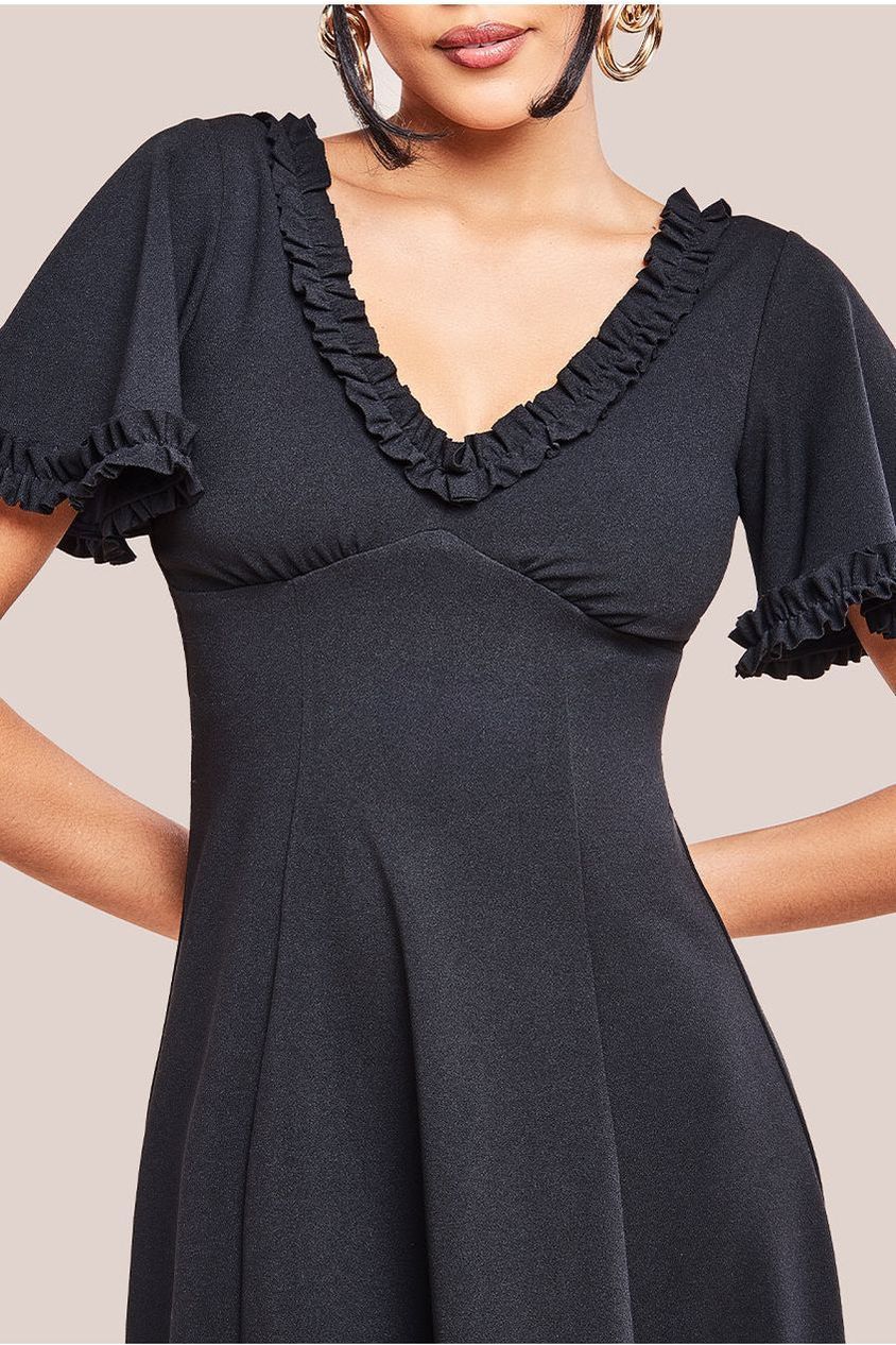 Flare Sleeve Frill Edge Midi Dress - Black DR4313
