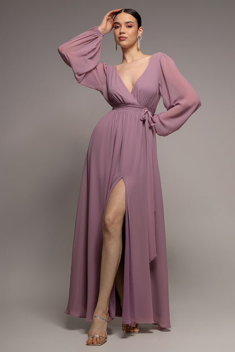 Sustainable Front Split Wrap Style Chiffon Maxi Dress - Dusty Lavender by Goddiva