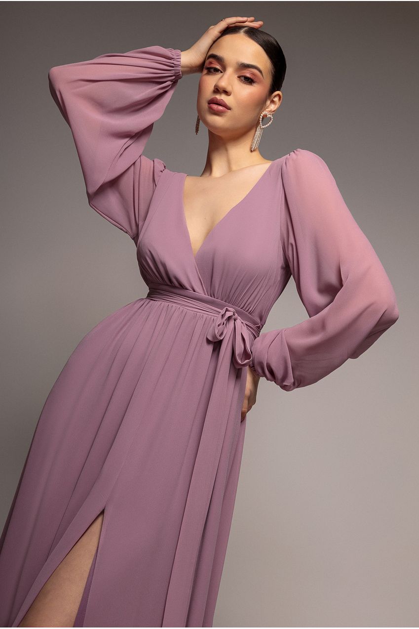 Sustainable Front Split Wrap Style Chiffon Maxi Dress - Dusty Lavender DR4314BBS