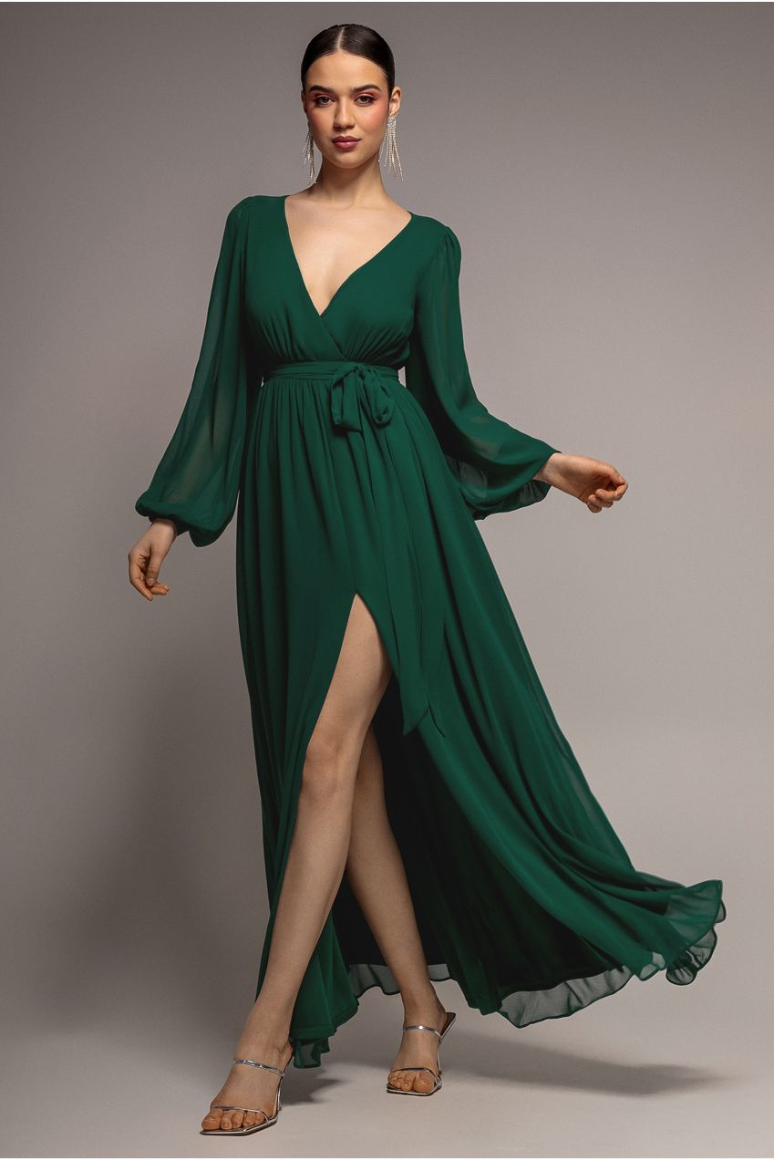 Sustainable Front Split Wrap Style Chiffon Maxi Dress - Green DR4314