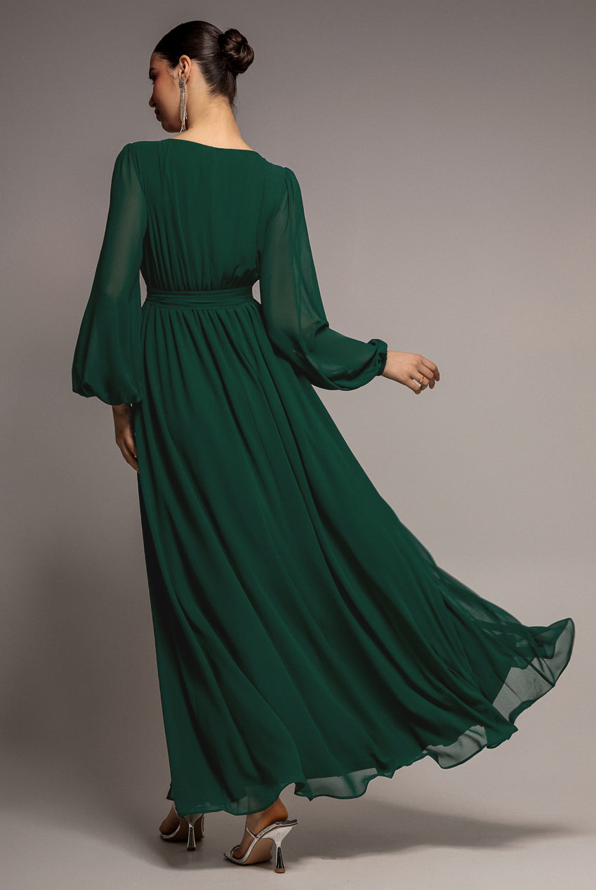 Sustainable Front Split Wrap Style Chiffon Maxi Dress - Green DR4314
