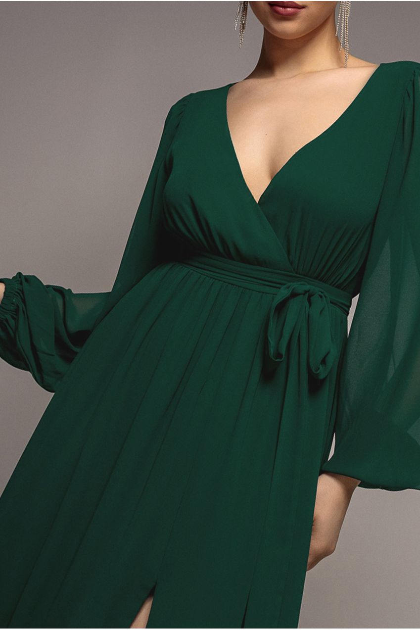 Sustainable Front Split Wrap Style Chiffon Maxi Dress - Green DR4314