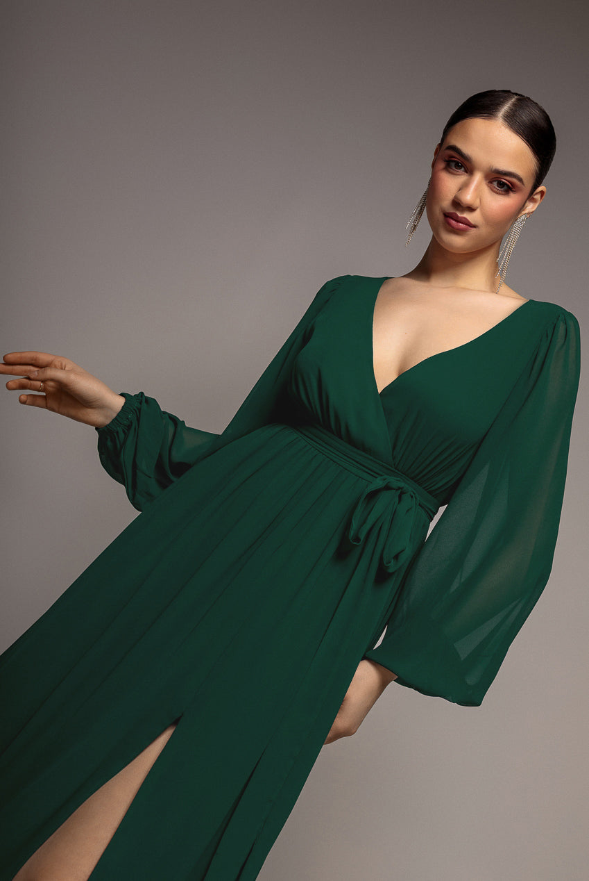 Sustainable Front Split Wrap Style Chiffon Maxi Dress - Green DR4314