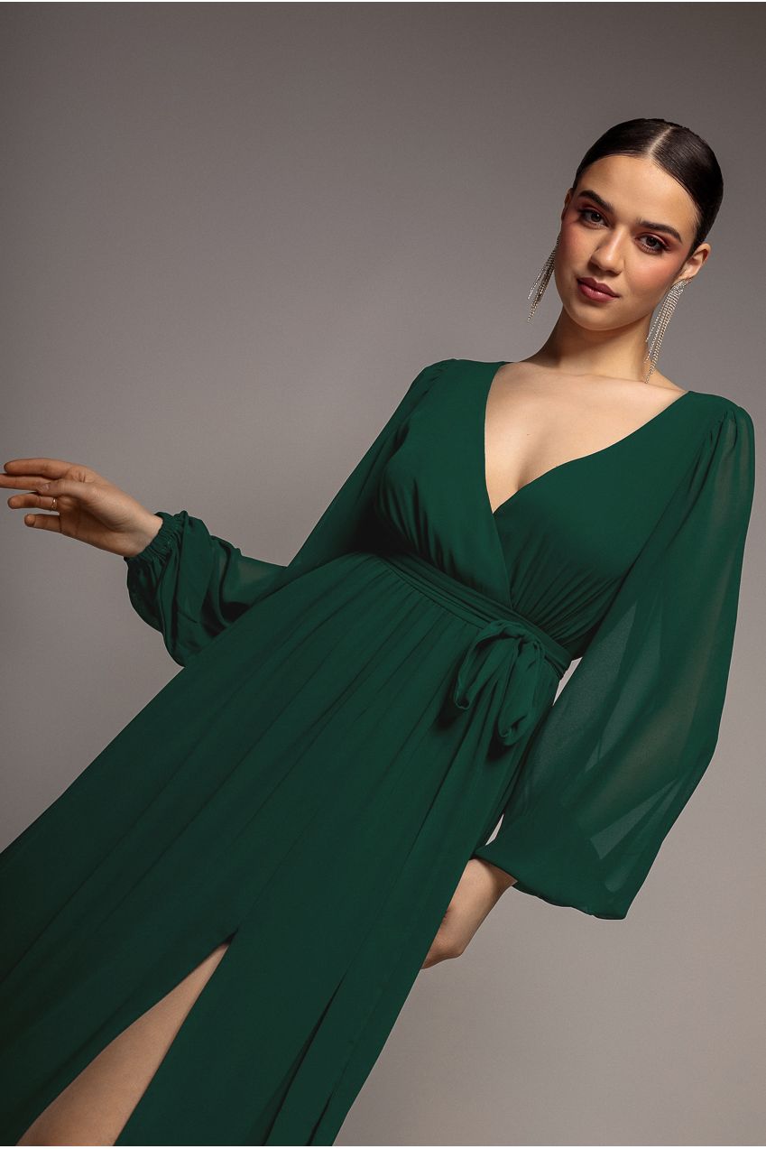 Sustainable Front Split Wrap Style Chiffon Maxi Dress - Green DR4314