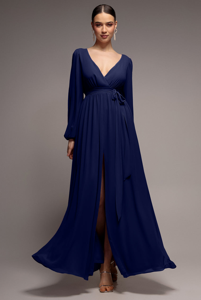 Sustainable Front Split Wrap Style Chiffon Maxi Dress - Navy Blue DR4314BBS