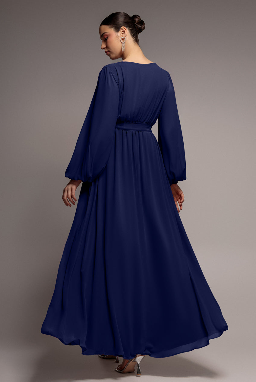Sustainable Front Split Wrap Style Chiffon Maxi Dress - Navy Blue DR4314BBS