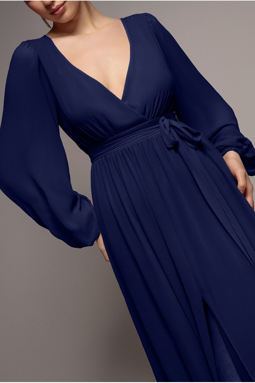Sustainable Front Split Wrap Style Chiffon Maxi Dress - Navy Blue DR4314BBS