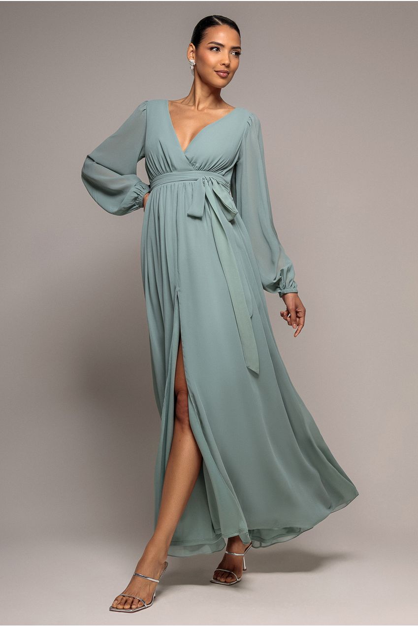 Sustainable Front Split Wrap Style Chiffon Maxi Dress - Sage Green DR4314BBS