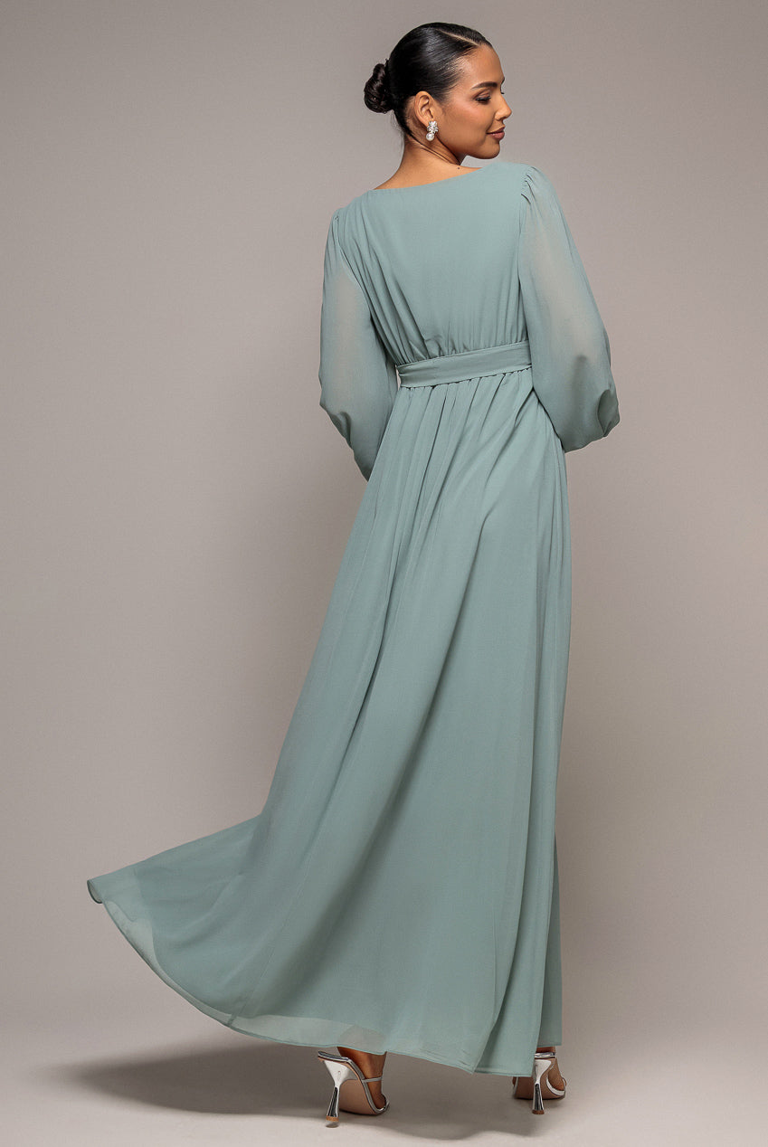 Sustainable Front Split Wrap Style Chiffon Maxi Dress - Sage Green DR4314BBS