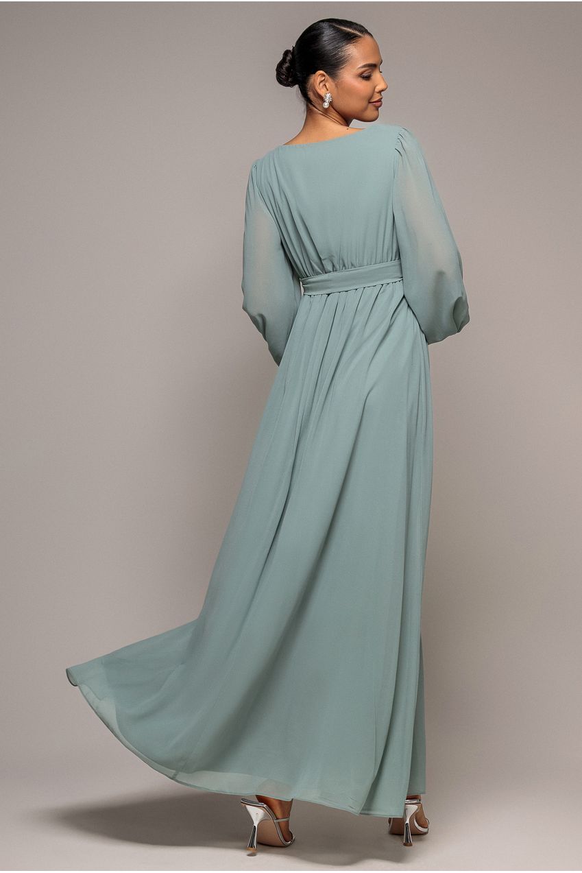 Sustainable Front Split Wrap Style Chiffon Maxi Dress - Sage Green DR4314BBS